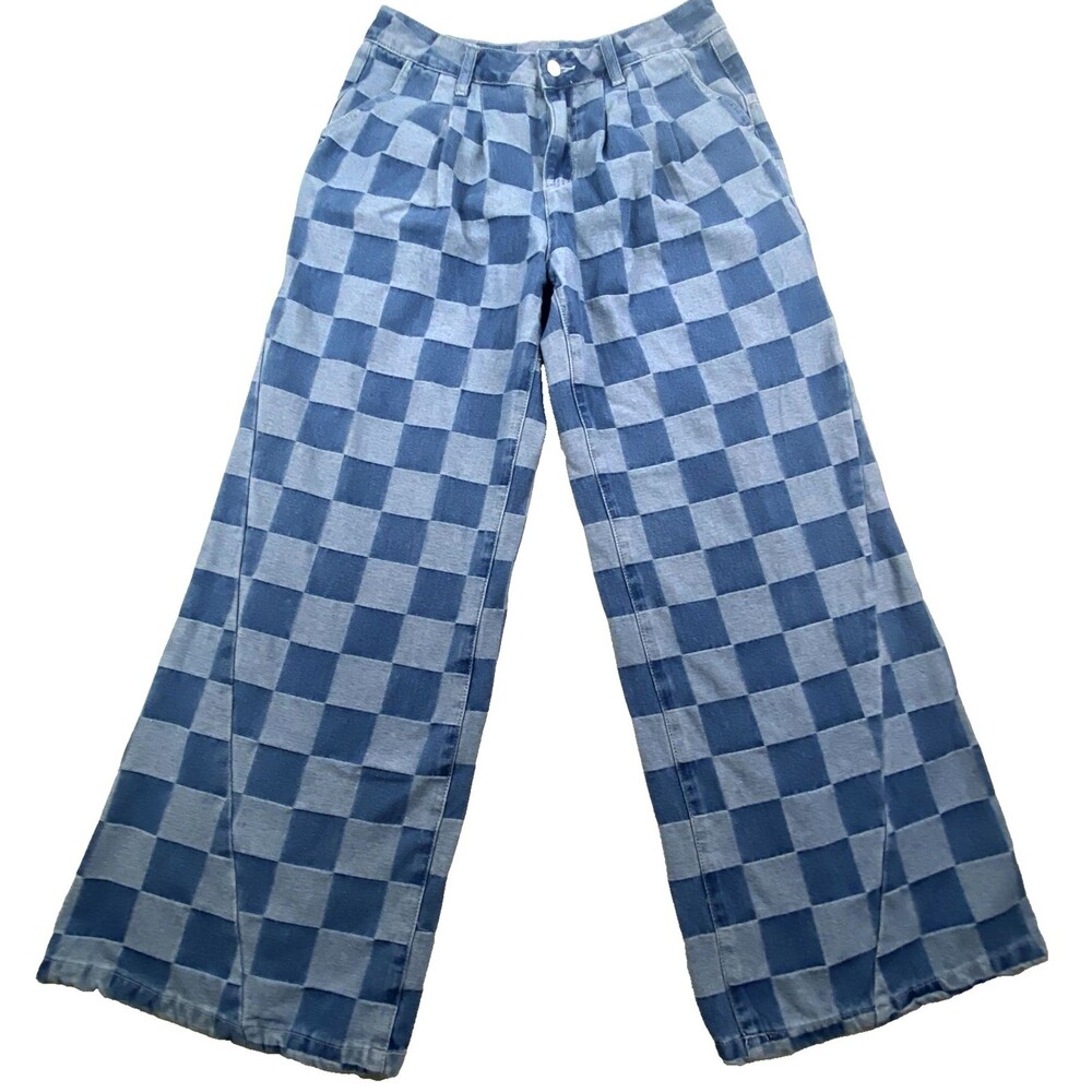 Blue Checkered Flare Jeans